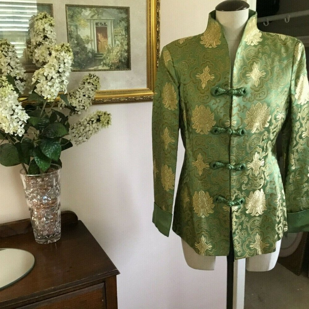 Stunning Golden Sea Green Silk Asian Jacket XL